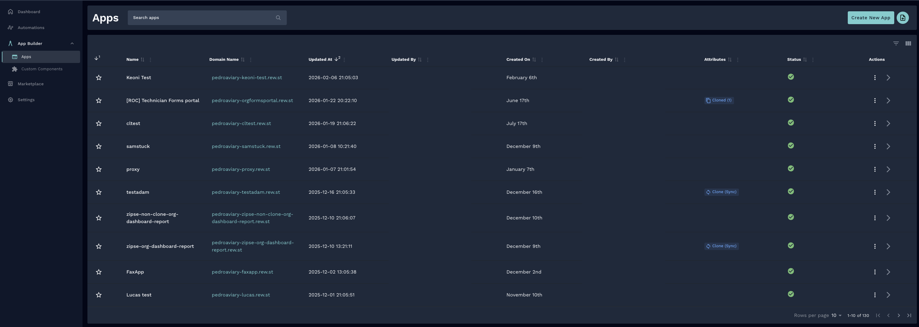 Screenshot of the Apps page in the Rewst App Builder section, showing a dark-themed interface with a left navigation menu, a top search bar and Create New App button, and a table listing apps with domain names, update details, attributes, status indicators, and action controls.
