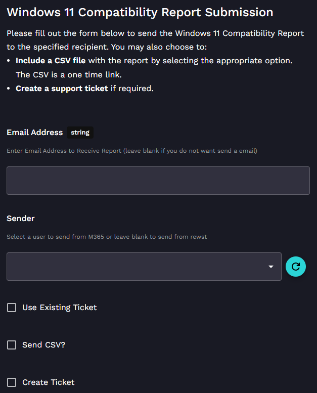 A navy blue screen with white test and several fields, presented as a form to be filled out. The title across the page says "Windows 11 Compatibility Report Submission."