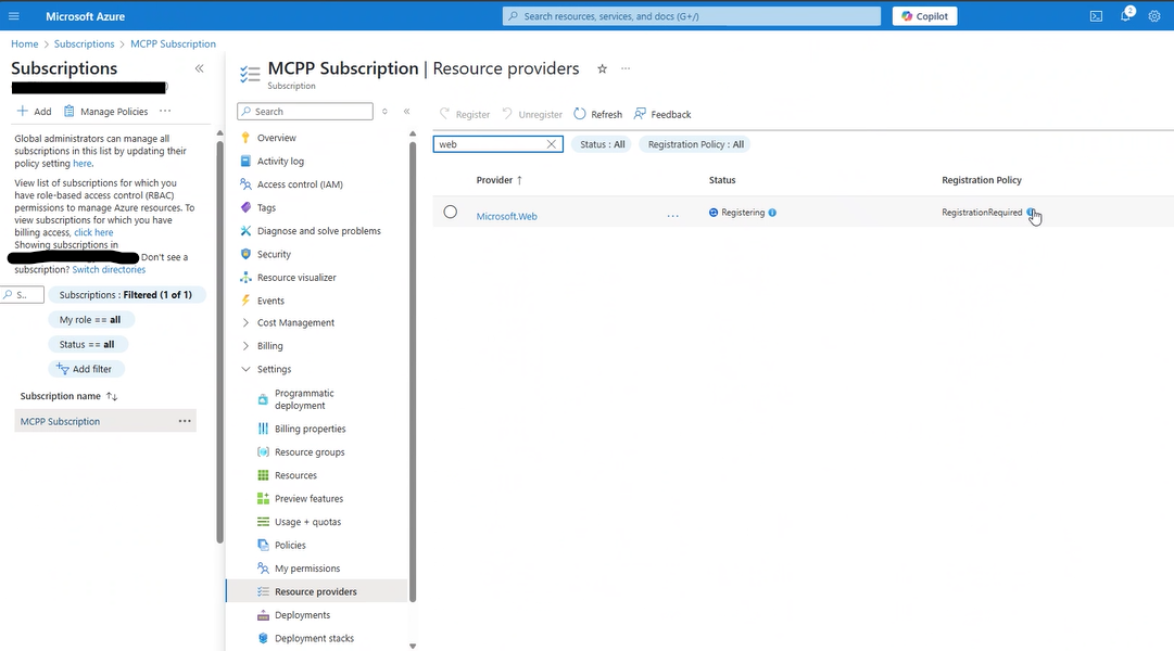 Screenshot of the Microsoft Azure portal showing the "Resource providers" section for an MCP Subscription. The user has searched for "web," and the results display the "Microsoft.Web" provider. Its status is "Registering," and the "Registration Policy" is marked as "RegistrationRequired." On the left, a navigation menu is visible with sections like Overview, Activity log, Access control (IAM), Tags, Security, and Resource providers highlighted.