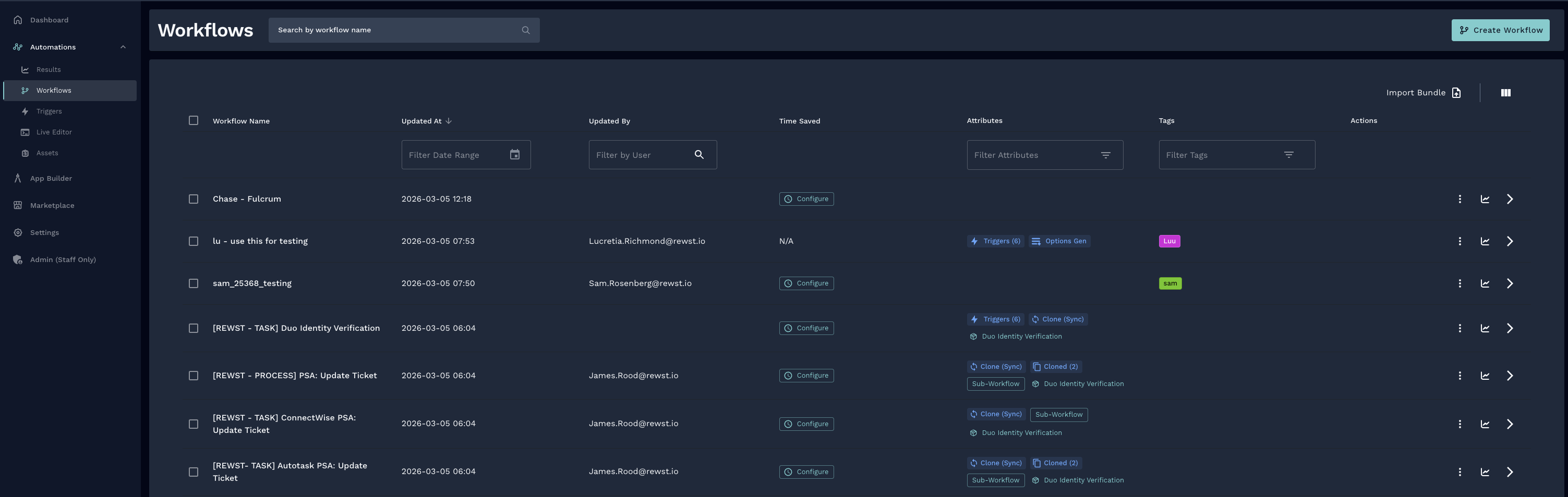 Screenshot of the Workflows list view in the Rewst Automations section, showing a dark-themed interface with a left navigation menu, a top search bar and Create Workflow button, and a table of workflows with colored tags, attributes, update details, and configuration actions.