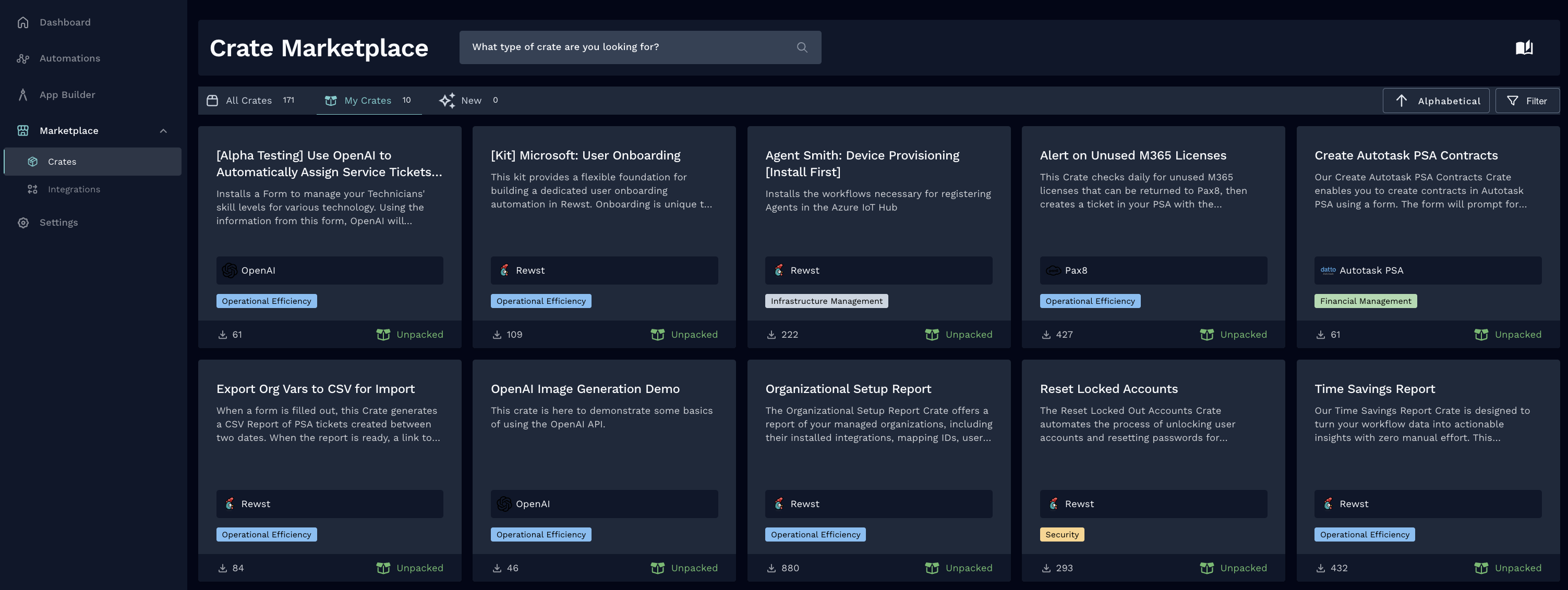 Screenshot of the Rewst Marketplace Crates page with a dark-themed interface, showing a left navigation menu, a top search bar and filter options, and a grid of crate cards displaying automation solutions with titles, descriptions, tags, icons, and download counts.