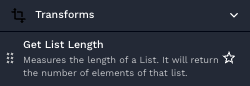 A screenshot of the get list length transform action, seen in the actions list menu of the workflow builder canvas.