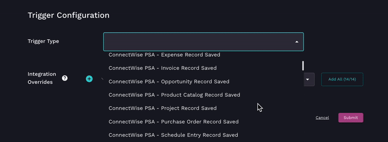 A moving GIF image depicting scrolling through the trigger type list in an example organization in Rewst. Various integrations' actions are shown.