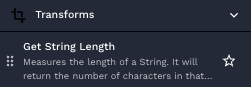 A screenshot of the get string length transform action, seen in the actions list menu of the workflow builder canvas.