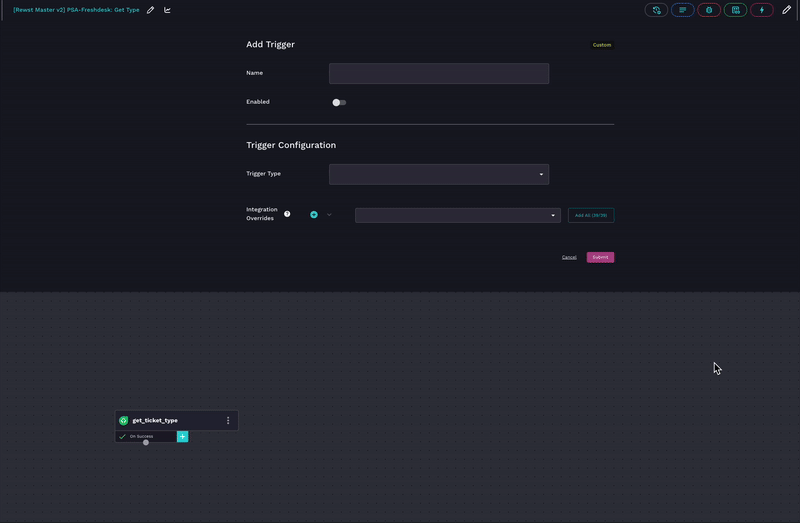 An animated image of the user choosing a trigger typed ConnectWise PSA. As the user clicks, a new section of the menu appears titled 'Trigger Criteria.' The test is white on a dark blue screen.