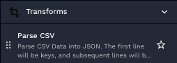 A screenshot of the parse csv transform action, seen in the actions list menu of the workflow builder canvas.